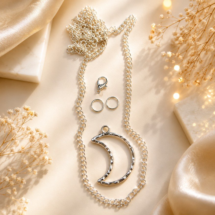 Elegant Resin Silver Oxidised Bezel Half Moon Pendant Necklace Set! 💎