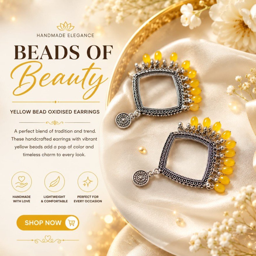 Square Oxidised Yellow Bead Earrings (Silver)