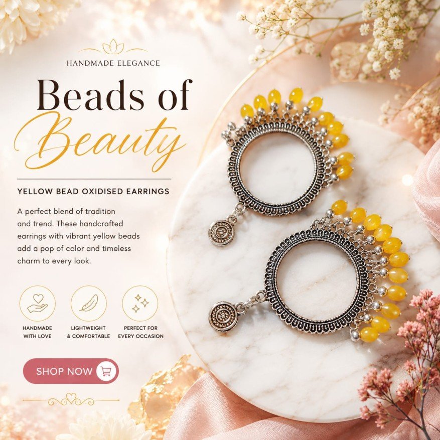 Round Oxidised Yellow Bead Earrings (Silver)