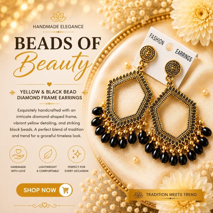 Diamond Frame Black Bead Earrings