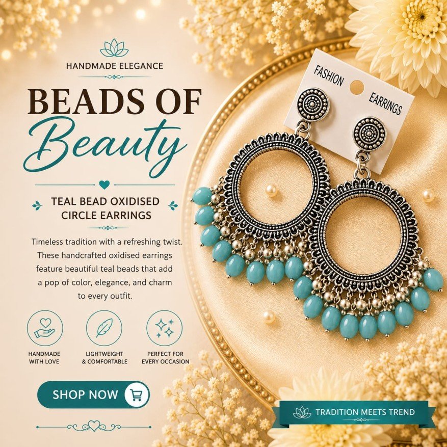 Teal Bead Oxidised Circle Earrings