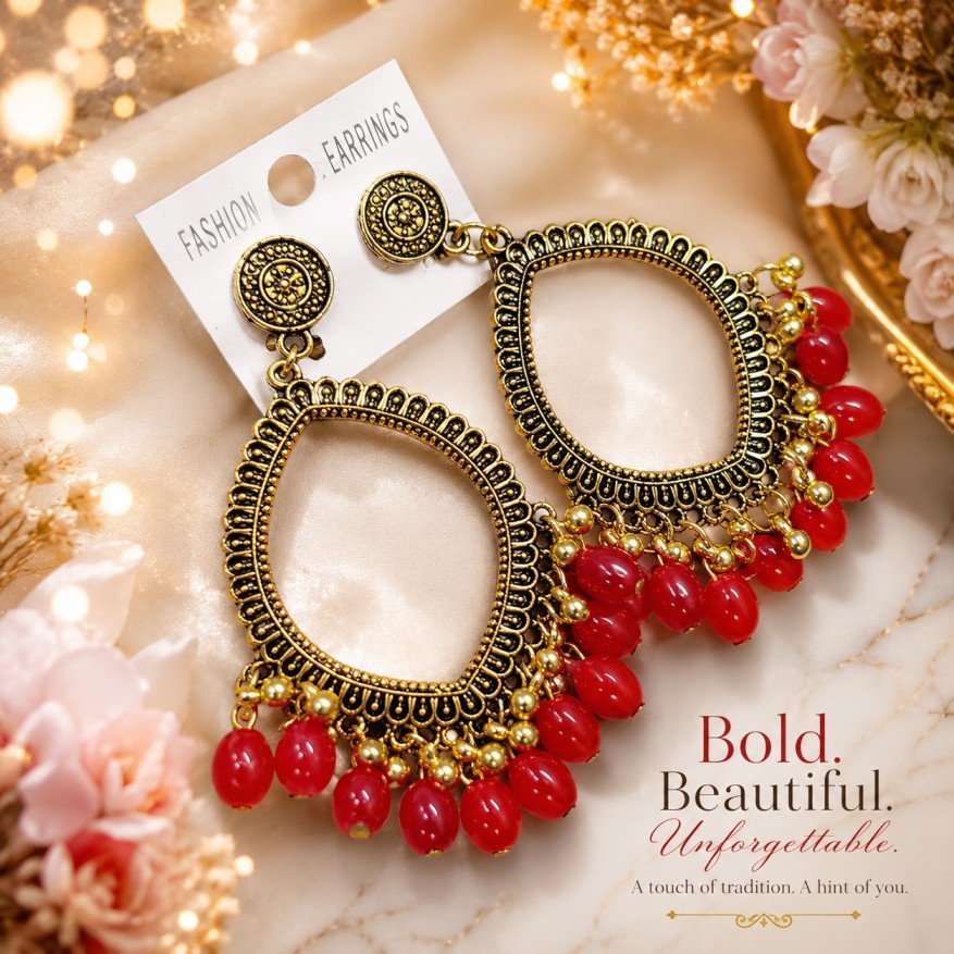 Royal Red Beaded Statement Earrings