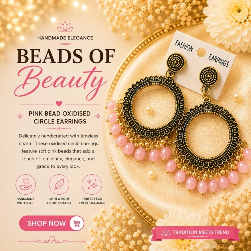 Pink Bead Round Hoop Earrings (Antique Gold)