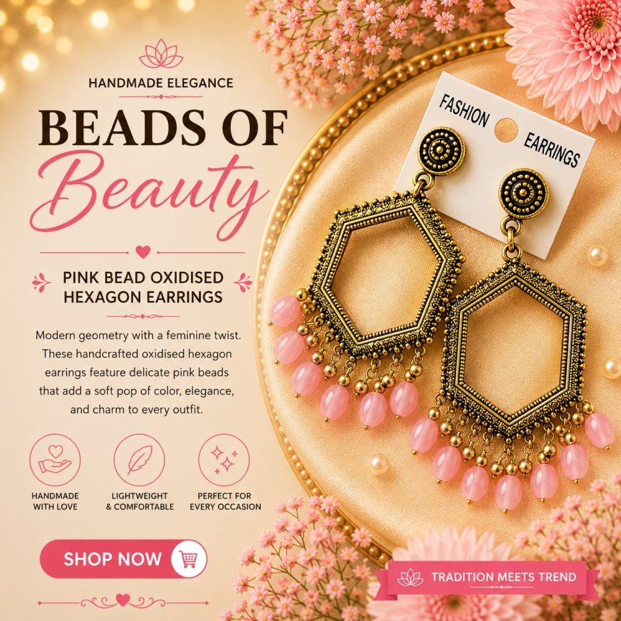 Pink Bead Hexagon Earrings (Antique Gold)