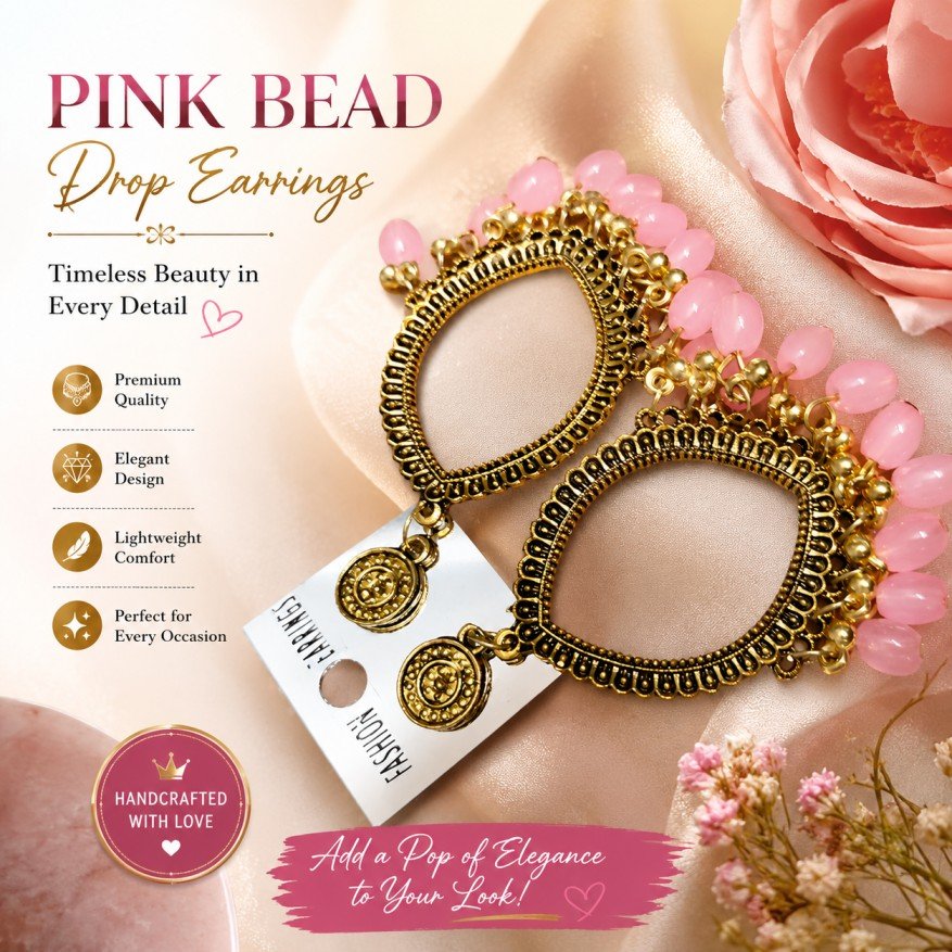 Pink Bead Eye Shaped Frame Earrings (Antique Gold)