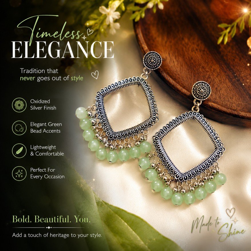 Silver Oxidised Silver Green Beads Jhumka Earrings