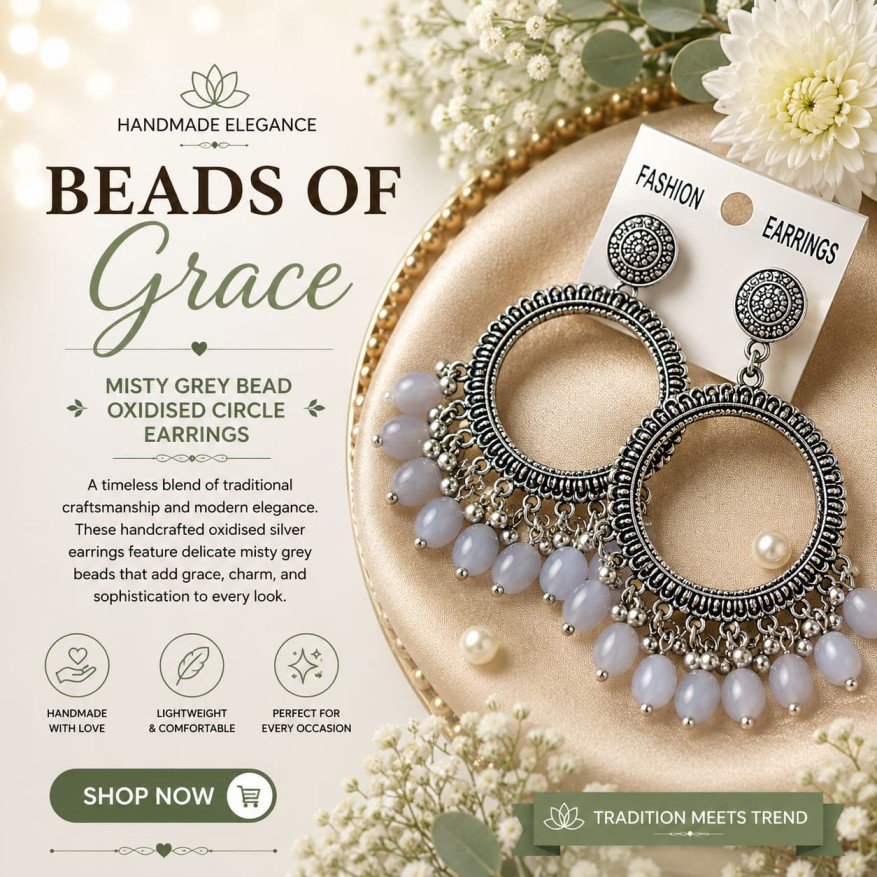 Misty Grey Bead Oxidised Circle Earrings