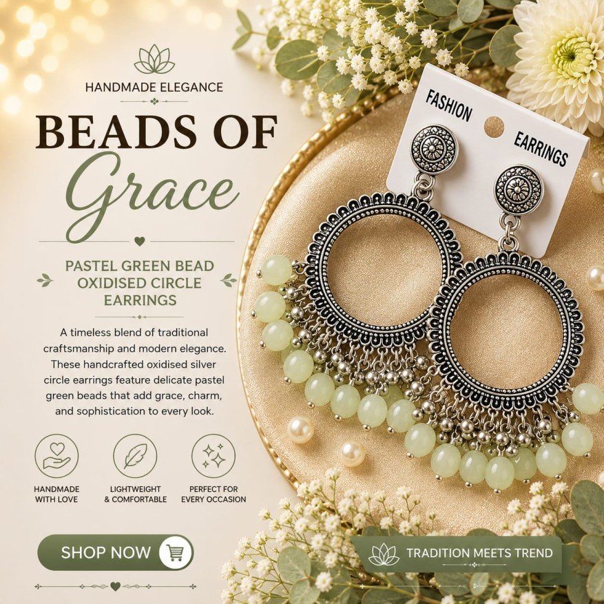 Pastel Green Bead Oxidised Circle Earrings (Silver Finish)